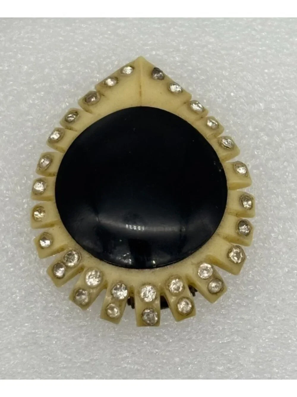 Vintage Celluloid Art Deco Dress Clip Black and Cream With Rhinestones, Unsigned